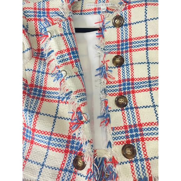 VERONICA BEARD BLAZER JACKET PLAID DOUBLE BREASTED FRINGE WHITE BLUE RED MARLTON - Picture 8 of 15